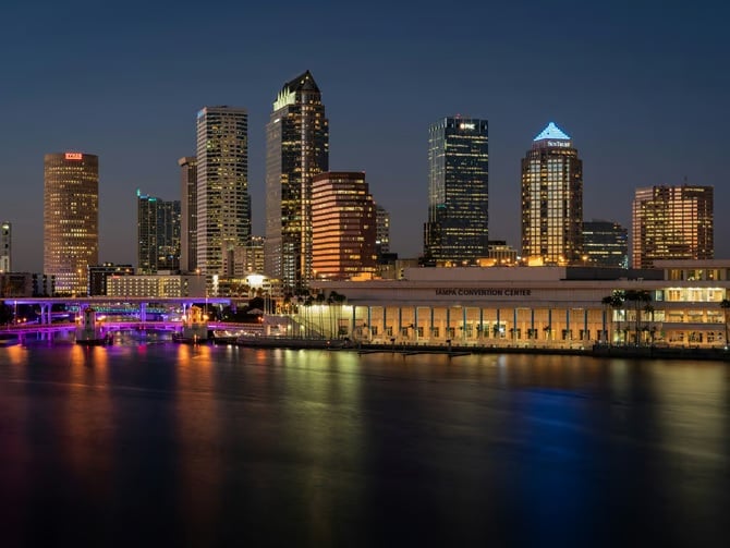 Tampa skyline at night reflected on the water