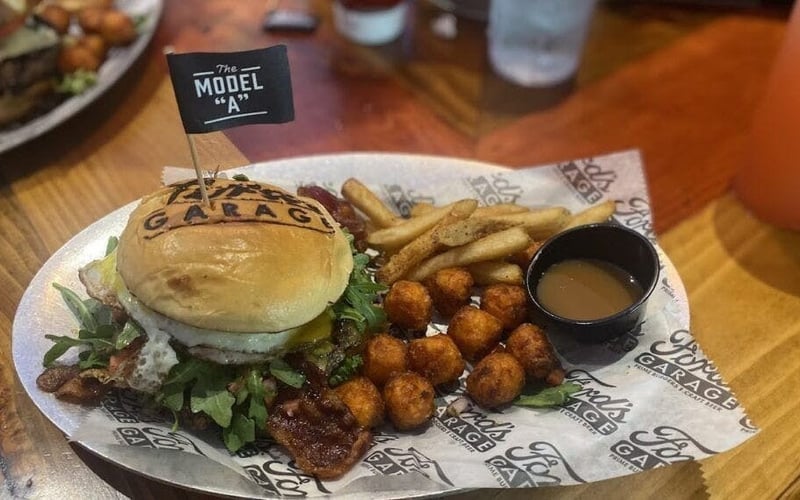 The Model A burger with fries and tater tots at Ford's Garage