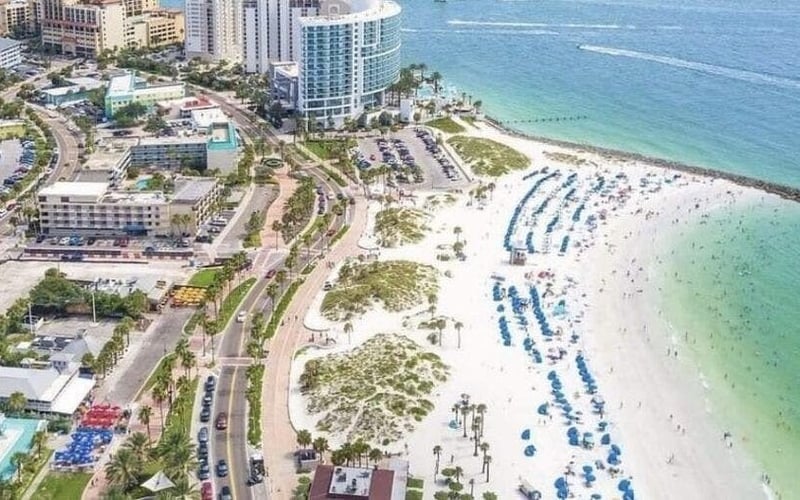 Aerial view of Clearwater Beach with white sand and turquoise Gulf water